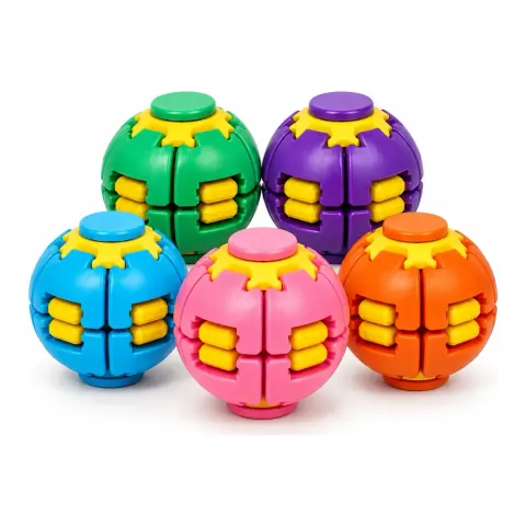 Cinco Spinner Balls coloridos: verde, roxo, azul, rosa e laranja, com pastilhas amarelas